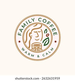 Mulher relaxante cheirando o aroma de uma deliciosa xícara de café. Com grãos de café espalhados e folhas descrevem a frescura do produto. Logotipo com conceito de estilo redondo emblema