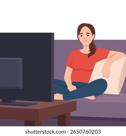 Relaxing Woman Watching TV at Home. Flat vector illustration isolated on white background