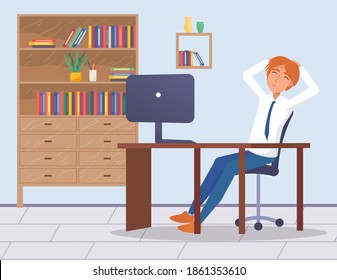 Relaxing at work, office worker sleeping sitting at chair, man dreaming near table with computer, time to rest, lazy guy at workplace, resting manager holding hands at head, overworked businessperson