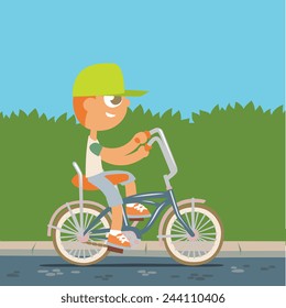 relaxing young boy driving a bike on a road path, a cartoon flat style, vector art illustration.