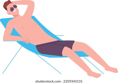 Relaxing young man sit in deckchair. Sunbathing on beach isolated on white background