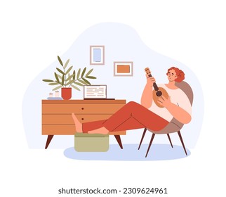 Relaxing young woman in chair playing ukulele flat style, vector illustration isolated on white background. Hobby and leisure, smiling character, creative, cozy room