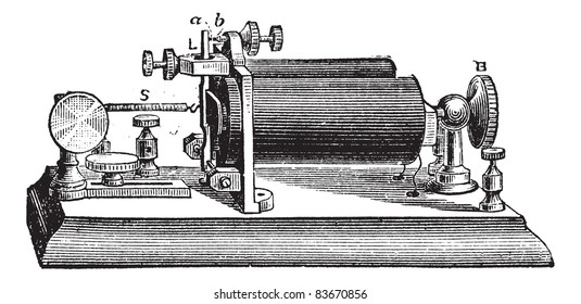 Relay. - A, b, or platinum-tipped contact; B, head of the screw, L, metal rod or lever, S, spring, vintage engraved illustration. Trousset encyclopedia (1886 - 1891).