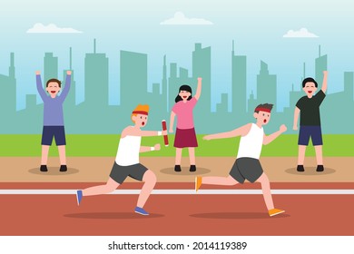 Relay competition vector concept: Group of young men passing baton in relay competition while the supporter support them 