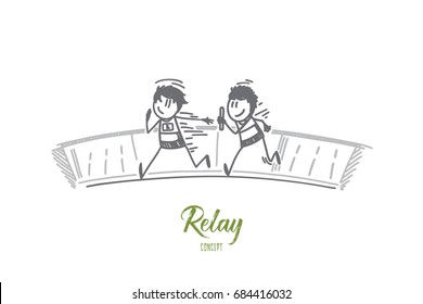 Relay concept. Hand drawn relay race handing over from one player to another. Process of game isolated vector illustration.