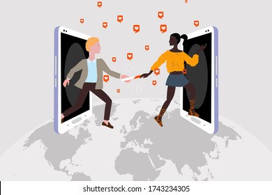 Relay race and challenge of social activity in social networks. Two characters from a large global world team pass the baton to each other, communication using a smartphone