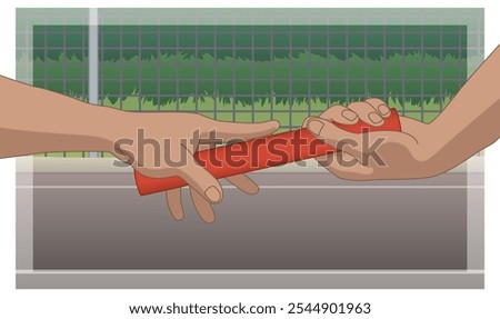 relay race, close-up of hands passing the baton with a racecourse track in the background