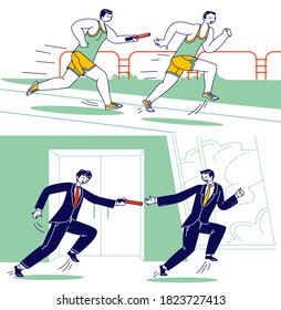 Relay Race Competition, Male Characters Running on Stadium and Office Hallway with Baton. Sportsmen and Businessmen Overcome Distance Run Sprint Race, Teamwork. Linear People Vector Illustration