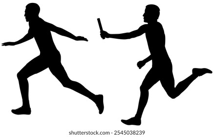 corrida de revezamento, silhueta de dois corredores masculinos passando o bastão isolado em um fundo branco