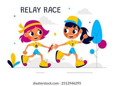 Relay Race Vector Illustration by Passing the Baton to Teammates Until Reaching the Finish Line in a Sports Championship on a Flat Cartoon Background