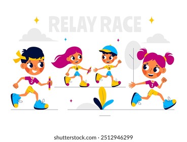 Relay Race Vector Illustration by Passing the Baton to Teammates Until Reaching the Finish Line in a Sports Championship on a Flat Cartoon Background