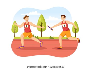 Relay Sport Illustration by Passing the Baton to Teammates Until Reaching the Finish Line in a Sports Championship Flat Cartoon Hand Drawing Template