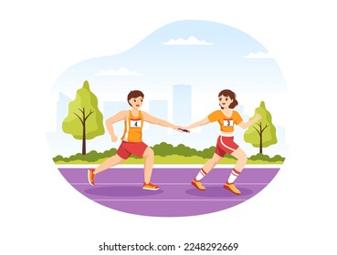 Relay Sport Illustration by Passing the Baton to Teammates Until Reaching the Finish Line in a Sports Championship Flat Cartoon Hand Drawing Template