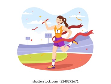 Relay Sport Illustration by Passing the Baton to Teammates Until Reaching the Finish Line in a Sports Championship Flat Cartoon Hand Drawing Template