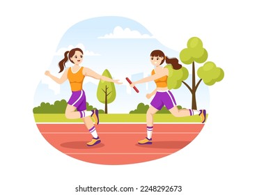 Relay Sport Illustration by Passing the Baton to Teammates Until Reaching the Finish Line in a Sports Championship Flat Cartoon Hand Drawing Template