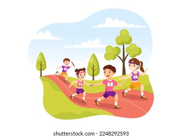 Relay Sport Illustration Kids by Passing the Baton to Teammates Until Reaching the Finish Line in a Sports Championship Cartoon Hand Drawing Template