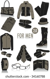 Release 2.0 of two-tone silhouettes of objects for men, part of a collection of fashion and lifestyle objects