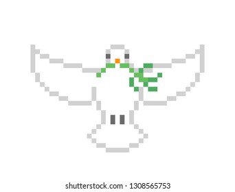 Release dove flying with spread wings carrying olive branch in its beak, 8 bit pixel art character isolated on white background. Religious symbol of love, peace, purity and freedom. White pigeon logo.