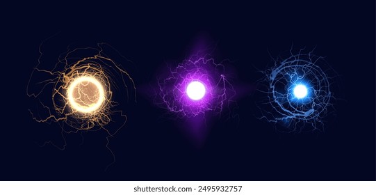 The release of electrical energy. Vector graphic of thunderstorms with glowing spheres, flashes of light demonstrating the power of nature on a dark background