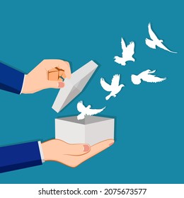 Release the flock of birds from the box. concept of freedom