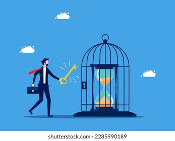 Liberen la libertad del tiempo. Valor del tiempo. Empresario usa la clave para liberar el reloj de la jaula de aves