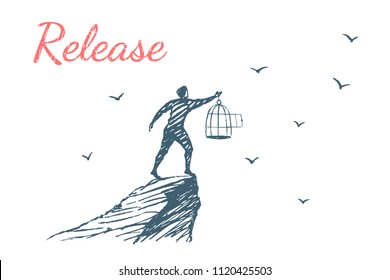 Release. Human released the birds from the cage to freedom. Vector lifestyle concept illustration, hand drawn sketch.