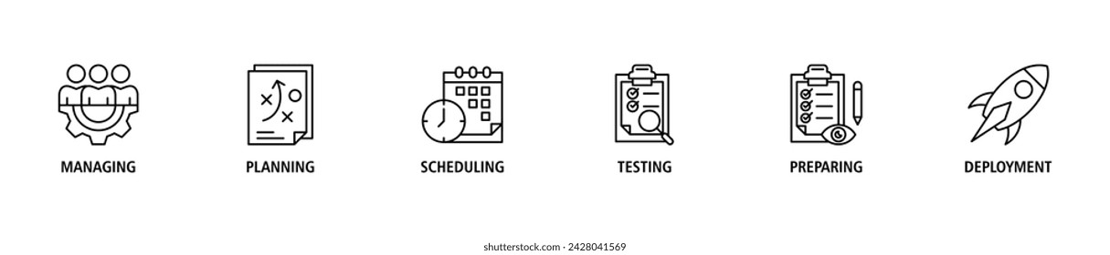 Release management banner web icon set vector illustration concept with icon of managing, planning, scheduling, building, testing, preparing and deployment