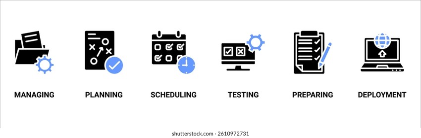 Release management banner web icon vector illustration concept with icon of managing, planning, scheduling, controlling, testing and deployment