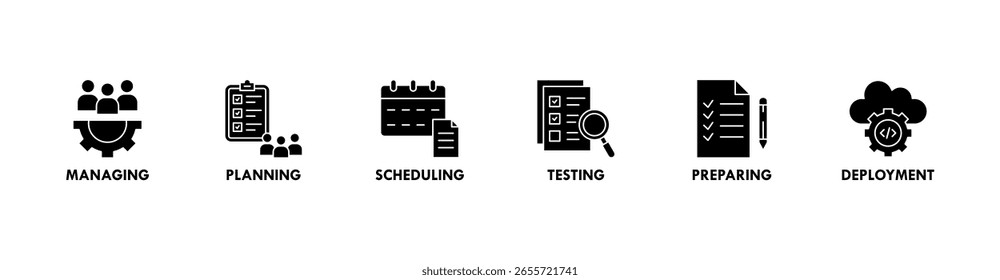 Concepto de Ilustración vectorial de iconos de Web de gestión de Autorizaciones con Anuncio de gestión, planificación, programación, creación, prueba, preparación e implementación