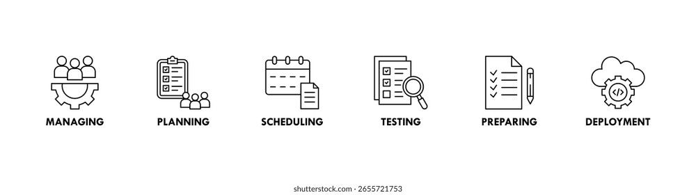 Banner de gerenciamento de versão ícone web vetor ilustração conceito com ícone de gerenciamento, planejamento, programação, construção, teste, preparação e implantação