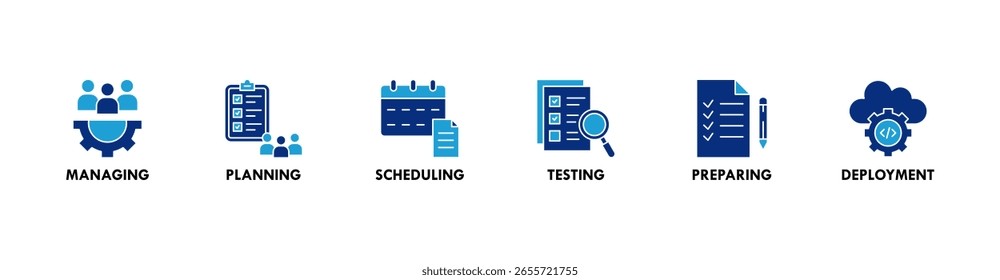 Release management banner web icon vector illustration concept with icon of managing, planning, scheduling, building, testing, preparing and deployment