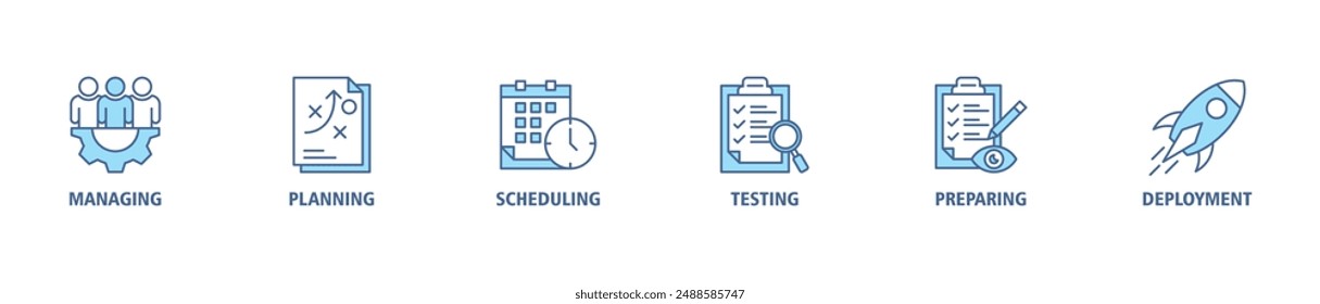 Release management banner web website icon set vector illustration concept with icon of managing, planning, scheduling, building, testing, preparing and deployment