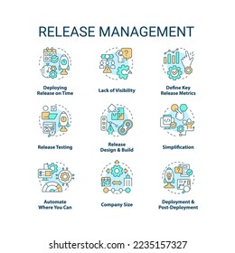 Release management concept icons set. Product development. Software delivery process idea thin line color illustrations. Isolated symbols. Editable stroke. Roboto-Medium, Myriad Pro-Bold fonts used