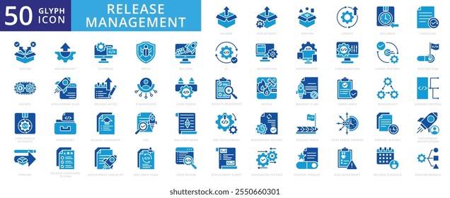 Release management icon set with architecture, flag, environment, branch, automation, pipeline, history, script, quality assurance, forward, assessment, version, update, stakeholder, and patch