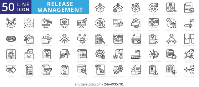 Release Management icon set with deployment, version, update, rollback, changelog, testing, devops and continuous integrity.