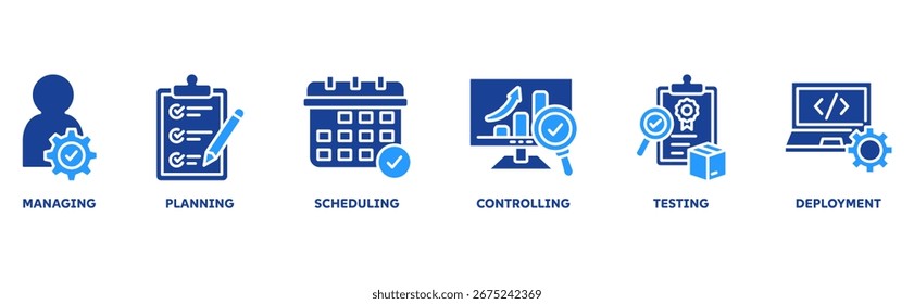 Release Management icon set illustration concept with icon of managing, planning, scheduling, building, testing, controlling, deployment