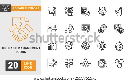 Release management line editable icon set. Target, strategy, concept, diagram, ideas and more line icons.