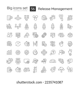 Release management linear big icons set. Product launch. Startup strategy. Customizable thin line symbols. Isolated vector outline illustrations. Editable stroke. Montserrat Bold, Light fonts used