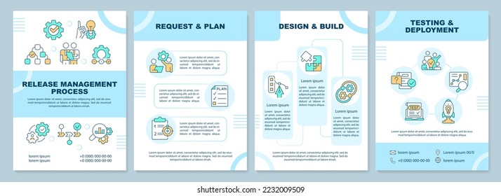 Release management process blue brochure template. Leaflet design with linear icons. Editable 4 vector layouts for presentation, annual reports. Arial-Black, Myriad Pro-Regular fonts used