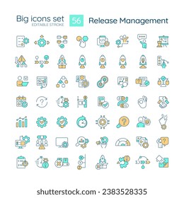 Release management RGB color big icons set. Software product development. Isolated vector illustrations. Simple filled line drawings collection. Editable stroke. Montserrat Bold, Light fonts used