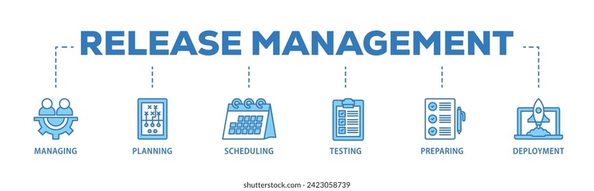 Release management web banner icon vector illustration concept consists of managing, planning, scheduling, building, testing, preparing and deployment icon live stroke and easy to edit