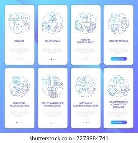 Release planning process blue gradient onboarding mobile app screen set. Walkthrough 4 steps graphic instructions with linear concepts. UI, UX, GUI template. Myriad Pro-Bold, Regular fonts used