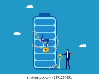 Release the power of work. Businessman uses key to unlock energy 
