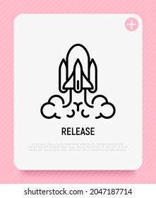 Release, startup thin line icon. Modern vector illustration of rocket.