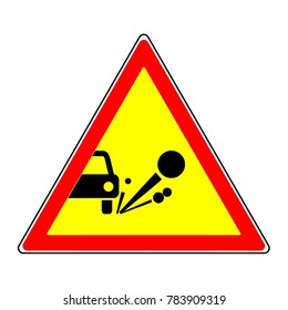 The release of stone materials from under the wheels. Warning signs, road signs.