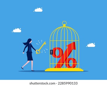 Release value and unlock interest rates. Businesswoman using key to unlock percentage icon from birdcage