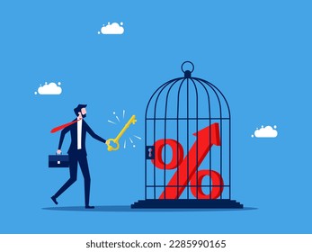 Release value and unlock interest rates. Businessman using key to unlock percentage icon from birdcage