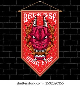 Release your fire. Medieval banner showing an illustration of a dragon head. Black brick background.