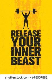 Release Your Inner Beast. Workout and Fitness Gym Design Element Concept. Creative Custom Vector Sign On Grunge Background