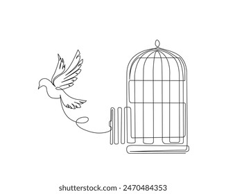 Released bird from birdcage. Continuous one line drawing of bird flying out from birdcage. Editable stroke.